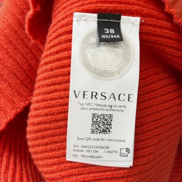 VERSACE Red Fringe Patchwork Wool Sweater With Saferty Pin Embellishment Size XS